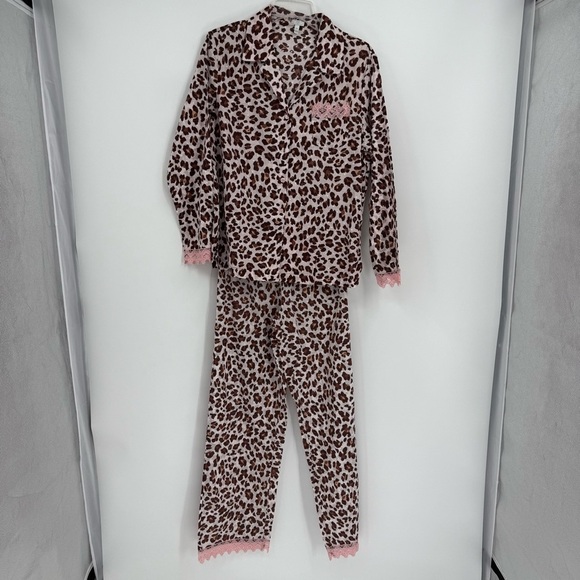 TART INTIMATES Leopard Print Pajama Set Size M women Pants Top Brown Pink Lace - Picture 6 of 7